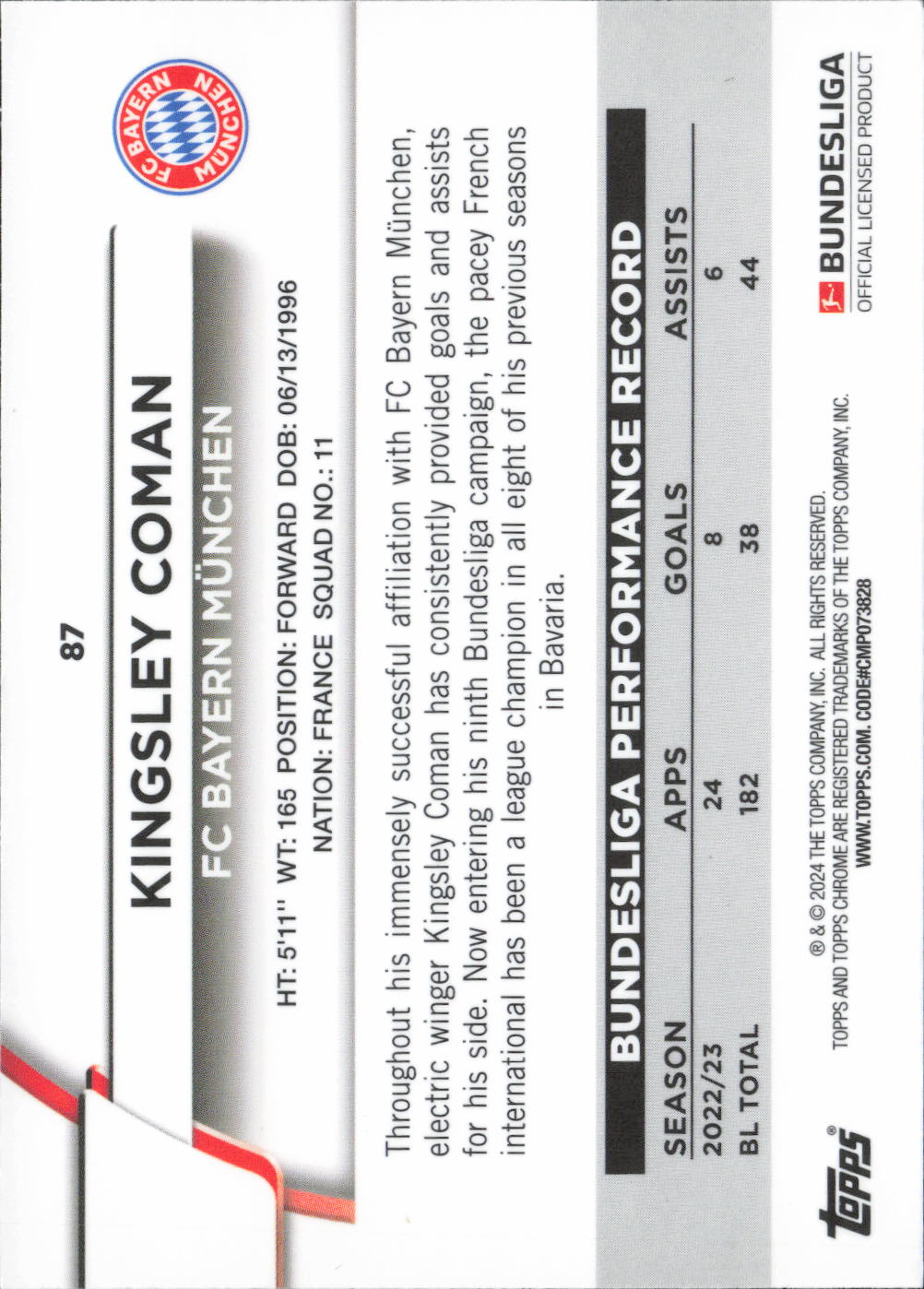 Kingsley Coman Base Topps Chrome Bundesliga 87 NM