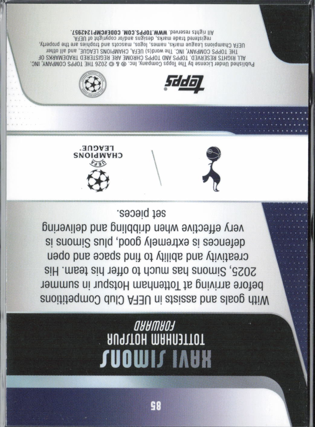 Xavi Simons Base Topps Chrome UEFA Club Competitions 85 NM
