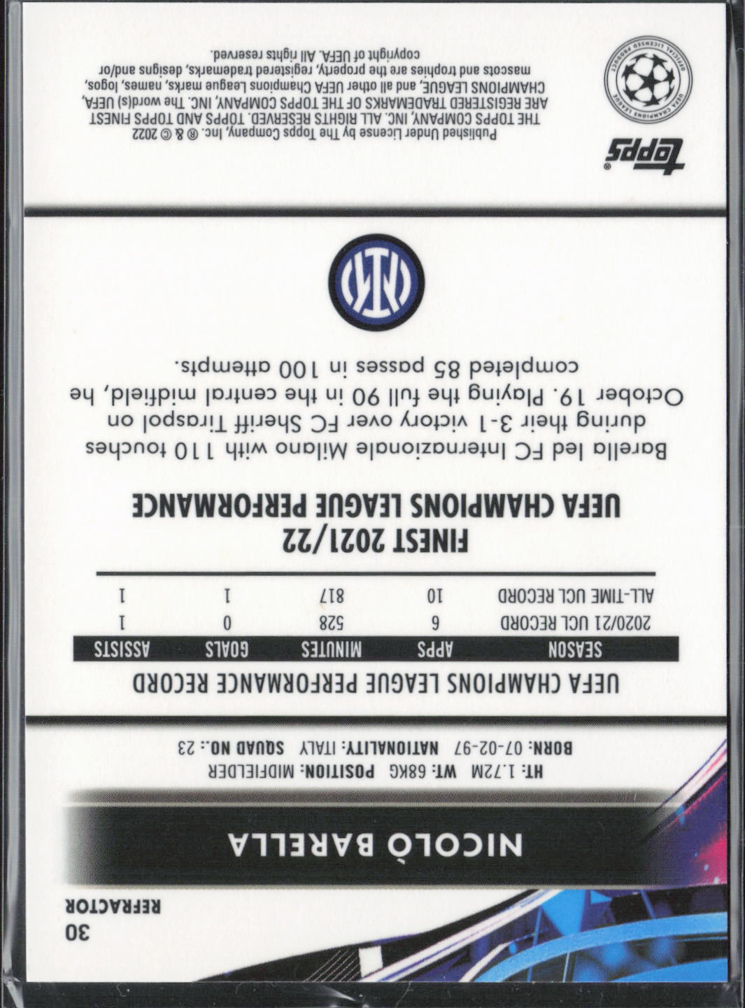 Nicolò Barella Speckle Refractor Topps UEFA Champions League -