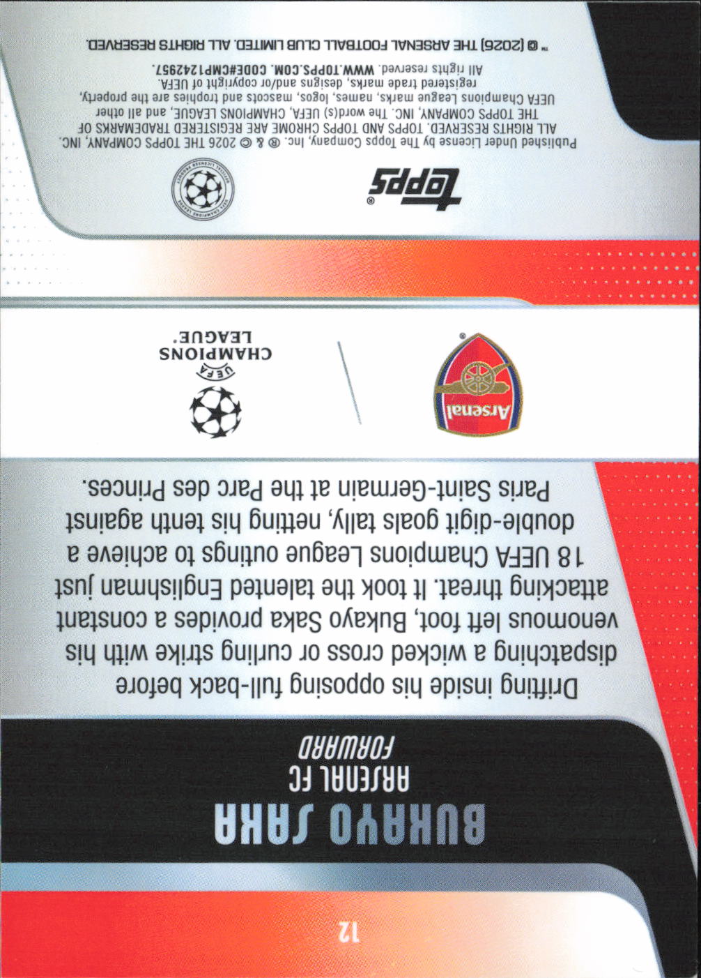 Bukayo Saka Base Topps UEFA Club Competitions 12 NM