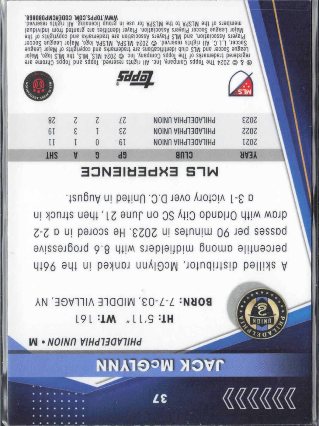 Jack McGlynn Base Topps Chrome MLS 37 NM