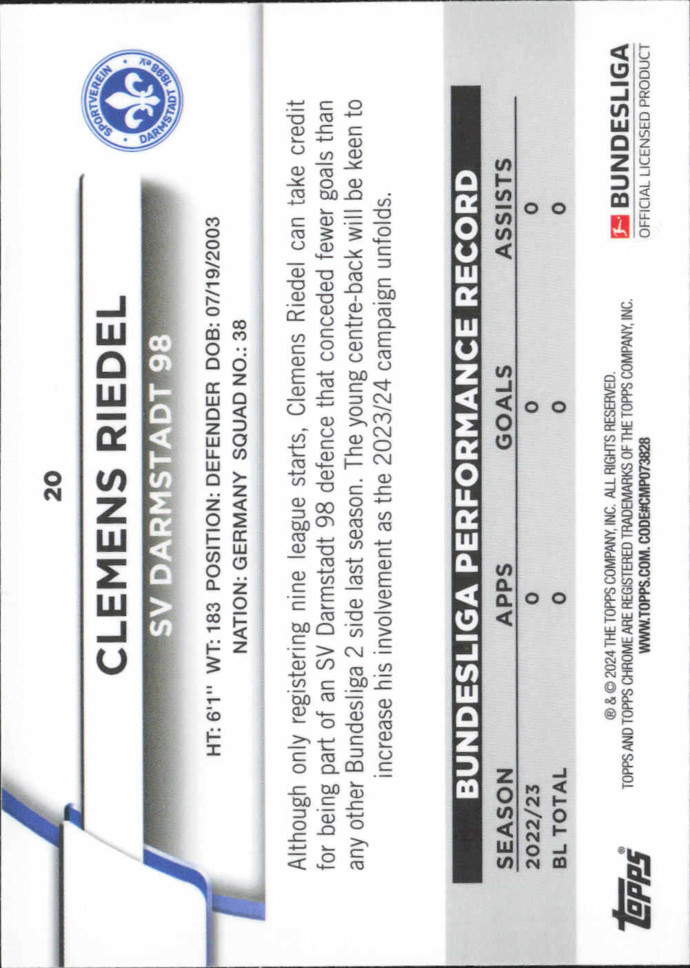 Clemens Riedel Base Topps Chrome Bundesliga 20 NM