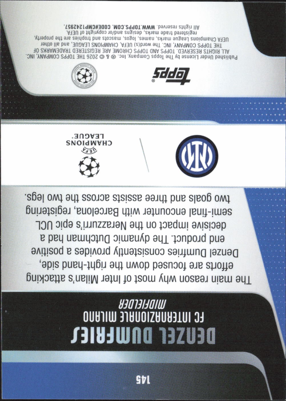 Denzel Dumfries Base Topps Chrome UEFA Club Competitions 145 NM