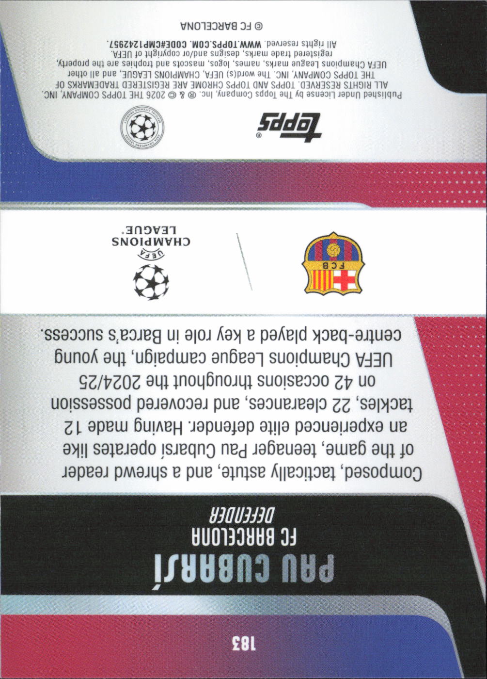 Pau Cubarsí Base Topps Chrome UEFA Club Competitions 183 NM