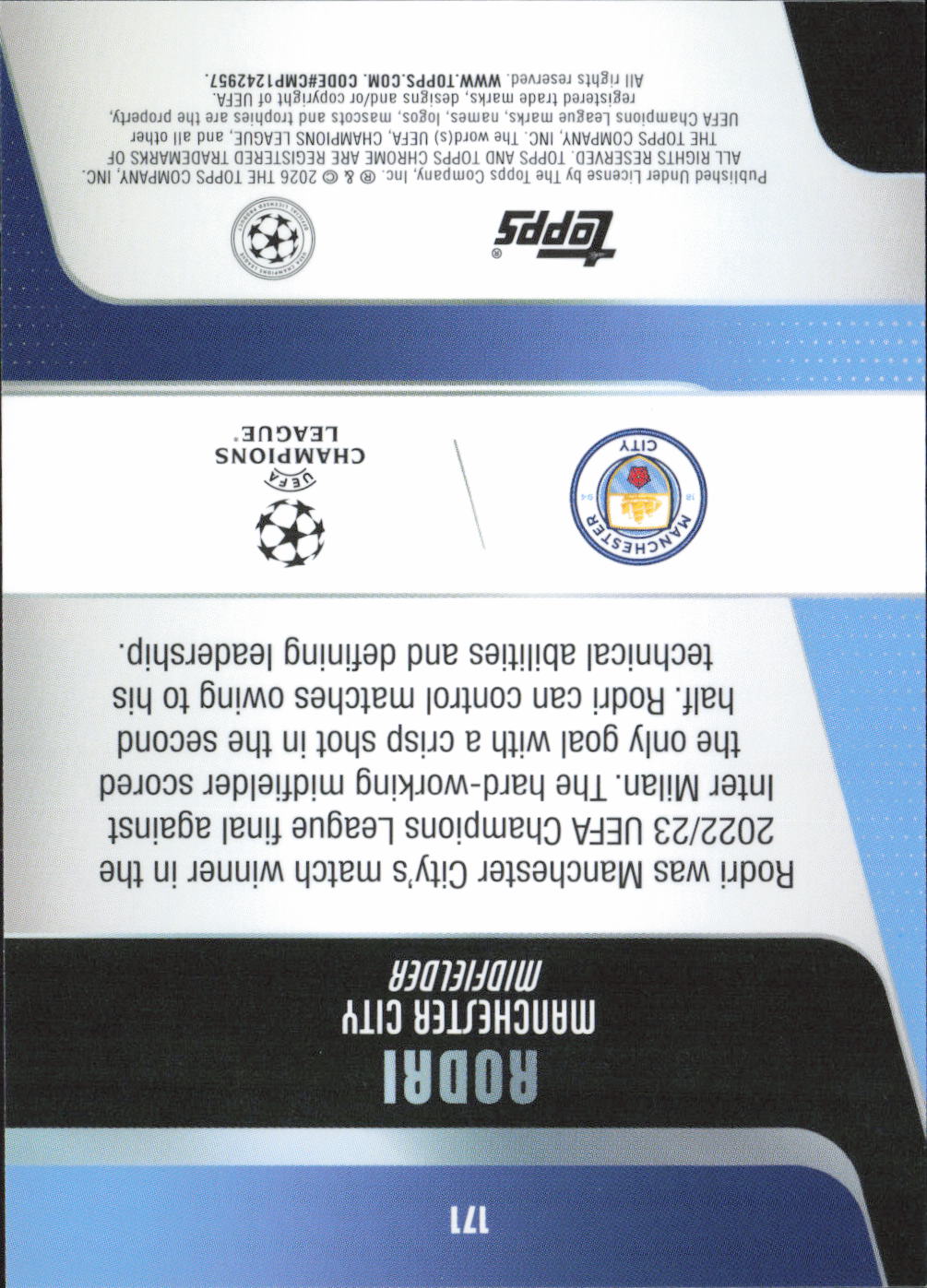 Rodri Base Topps Chrome UEFA Club Competitions 75 NM