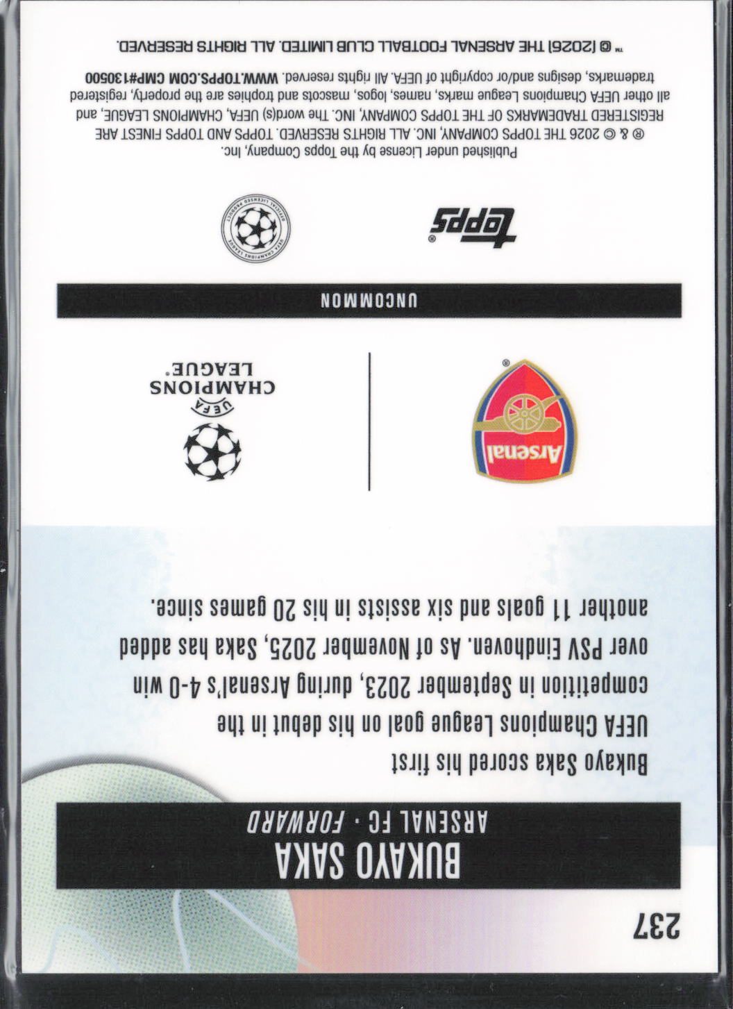 Bukayo Saka Base Topps Chrome  UEFA Club Competitions 77 NM