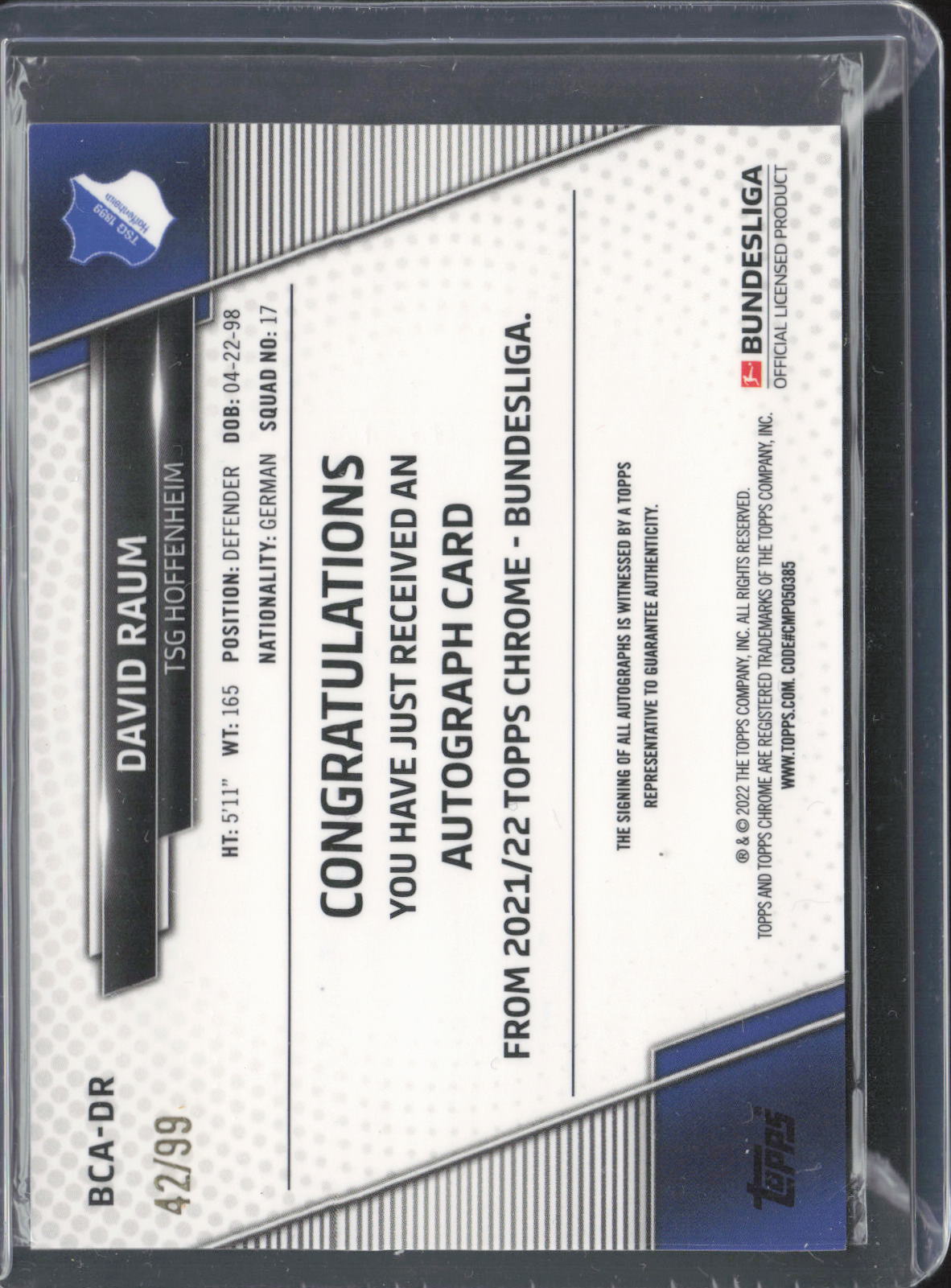 David Raum RC Auto Green /99 – 2021-22 Topps Chrome